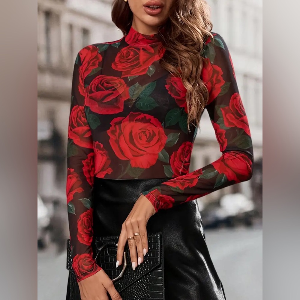 Floral Sheer Long Sleeve Top - L